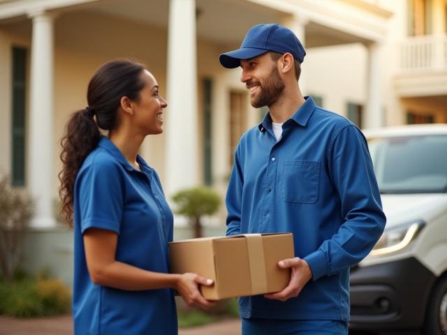 4US Transportation delivery driver handing a package to a customer in New Orleans