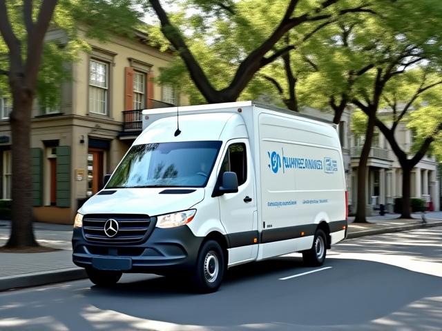 4US Transportation Sprinter van navigating a New Orleans Garden District street