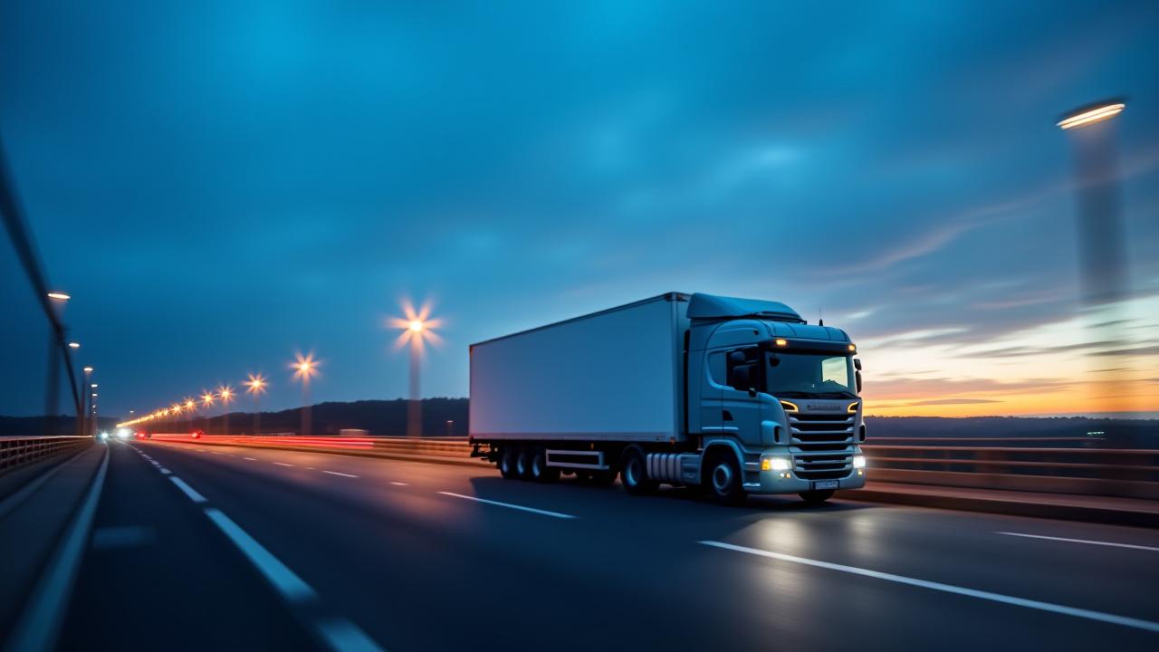 Expedited transport truck moving at high speed during twilight