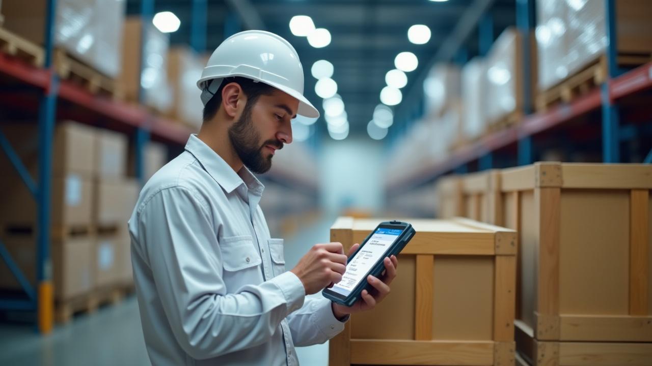 Modern technician handling a high-value industrial shipment in a clean warehouse