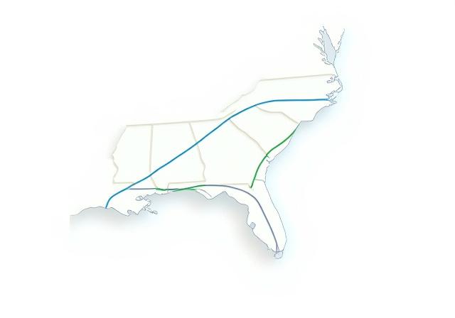 Illustration of New Orleans as a central hub for Gulf Coast shipping lanes